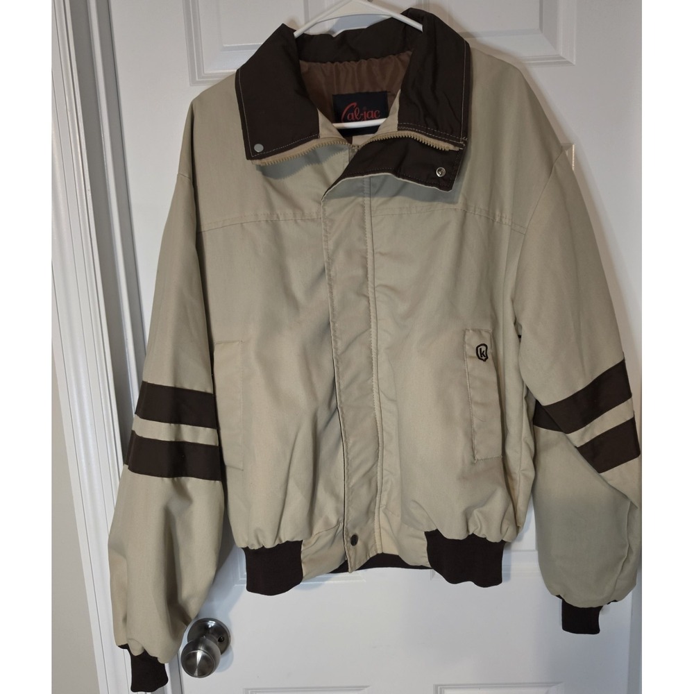 Vintage Cal-Jac Jacket Mens L 44 Tan Brown Bomber Made USA 70s 80s Retro